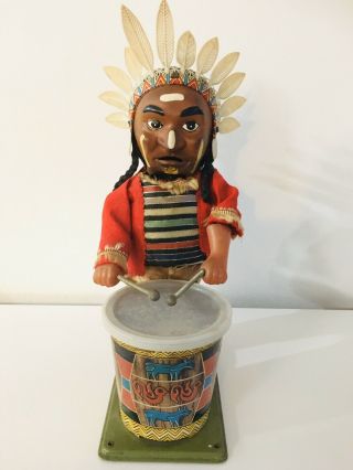 Vintage Tinplate Battery Operated Drumming “indian” Joe Toy,  Alps Co.  Japan