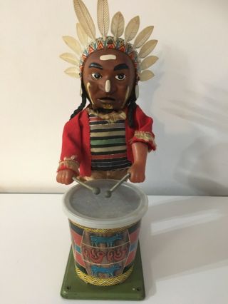 Vintage Tinplate Battery Operated Drumming “Indian” Joe Toy,  Alps Co.  Japan 3