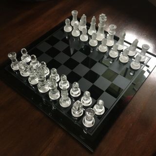 12 " X12 " Elegant Crystal Chess Set: Black - Tinted Glass,  Opaque Grey Checker Grid