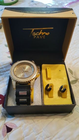 Techno Pave Hip Hop Pattern 14k Gold Plated Watch.  Rubber Strap