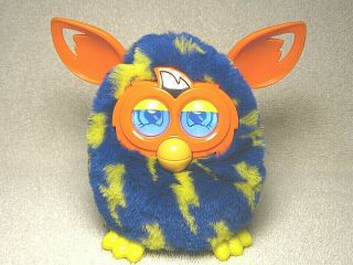 2012 Furby Boom Blue & Yellow Lightning Bolt Body With Orange Ears & Eyes -