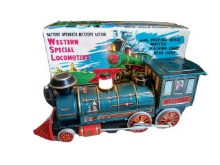 Vtg Battery Operated Tin Lithograph Mystery Action Western Special Locomotive