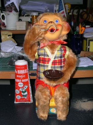 1950s Alps Battery Operated Bubble Blowing Monkey Tin Litho Toy,  Partially