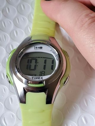 Timex 1440 Sports Watch Lime Green Rubber Strap Silver Trim Indiglo Light Chrono