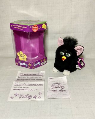 Vintage Black Furby With Pink Ears & Green Eyes Tiger Electronics 1998 W/ Box