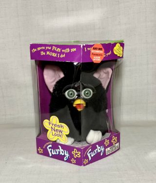 Vintage Black Furby with Pink Ears & Green Eyes Tiger Electronics 1998 w/ Box 3