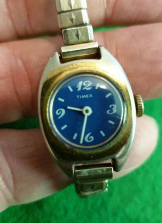 Vintage Ladies Timex Watch,  Blue Face Stainless Steel Elasticated Strap
