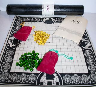 Vintage Pente Classic Board Game Black Tube Yellow & Green Stones Box 1546