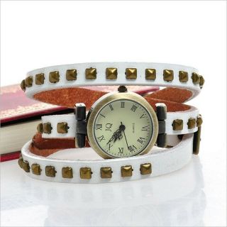 Ladies Leather Strap Studded Wrap Strap Watch In Black Or White