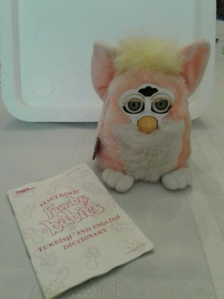 1999 Tiger Furby Babies Pink W Yellow Hair & Tail,  Blue Eyes Includes Dictionary