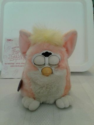 1999 Tiger Furby Babies Pink w Yellow Hair & Tail,  Blue Eyes Includes Dictionary 2