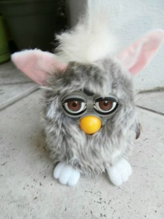 Furby (1998) With Tags Grey White Fur,  Pink Ears,  White Feet Brown Copper Eyes