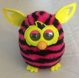 2012 Hasbro Furby Boom Pink & Black Stripes Yellow Ears & Eyes