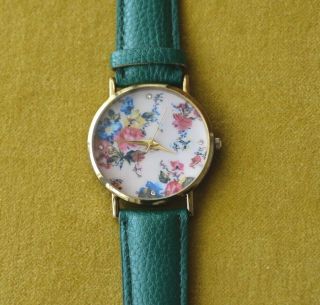Ladies Girls Floral Flowers Face Watch Pink,  Green Strap Fashion Jewellery