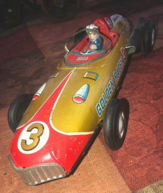 Golden Racer 3 Made In Japan Tin Friction Race Car 11” Vintage Toy Old