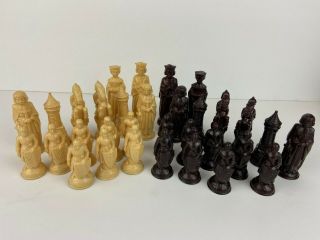 Vintage Anri Es Lowe Chess Set - White & Brown 32 Pc - King Arthur Renaissance