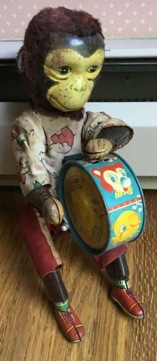 Vintage Wind Up Tin Toy Monkey Playing A Drum