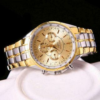 Fashion Mens Luxury Date Gold Dial Stainless Steel Analog Wrist Watch P2s8