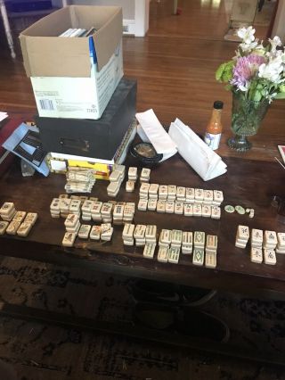 Incomplete Mahjong Bone And Bamboo Set W/sticks In Wood Case 141 Tiles