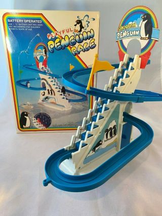 Non - Functional Vintage 1983 Playful Penguin Race Toy Escalator Boxed No Penguins