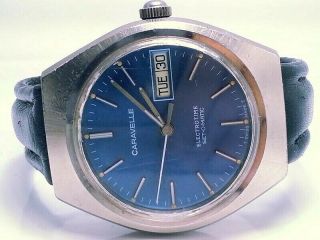Vintage Rare (caravelle By Bulova) Set - O - Matic Electrotime Blue - Dial Mens Watch