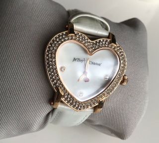 ladies Betsey Johnson Heart Mop Crystals Designer Watch White Leather 2