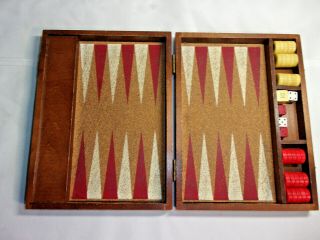 Vintage Backgammon Travel Set Wooden Case Bakelite Chips