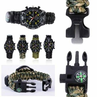 Multifunction Survival Watch Bracelet With Flint Fire Starter Compass Whistle