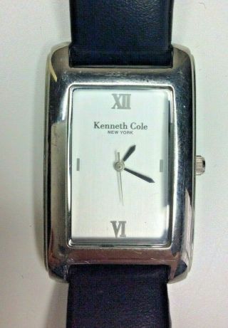 Kenneth Cole Black Leather Band Silver Tone Black Square Face Watch Battery