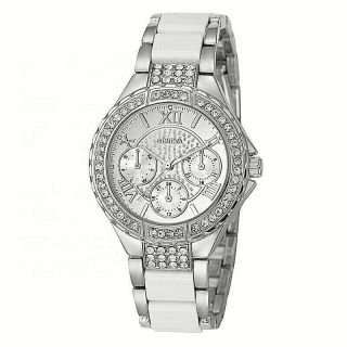 Chronograph Designer Style Geneva Ladies White Silver Women Crystals Bling Watch