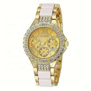 Chronograph Designer Style Geneva Ladies White Gold Women Crystals Bling Watch