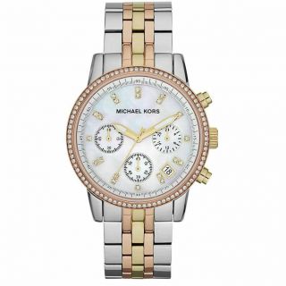 Nib Michael Kors Ladies Chronograph Ritz Tri - Tone Stainless Steel Watch Mk5650