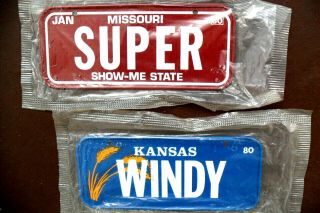 1980 Missouri / Kansas Post Honeycomb Cereal Mini Bicycle License Plate X2