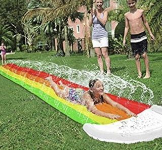 14ft Lawn Water Slides Rainbow Silp Slide With Spraying And Inflatable Crash Pad