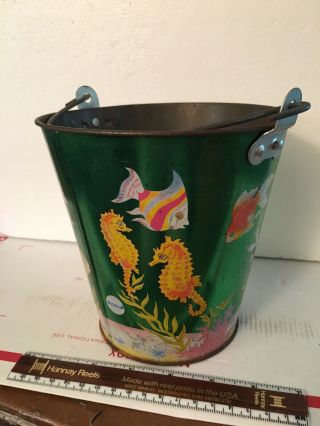 Ohio Art Tin Litho Sandbox Sand Box Pail Metal Beach Bucket Seahorse Angel Fish