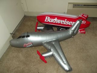 Inflatable Blow Up 36 Inch Cores Light Airplane And 31 Inch Budweiser Blimp.