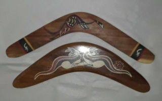 (2) Australian Made Hand - Painted Aboriginal Art Wooden Boomerangs Handmade Decor