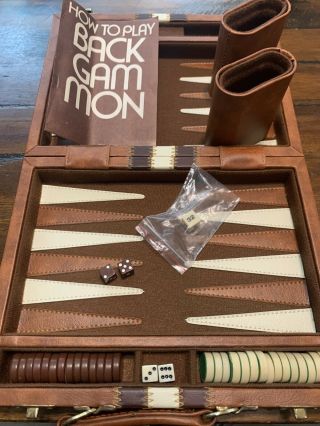 Vintage Mini Backgammon Set Portable Faux Leather Travel Case With Dice