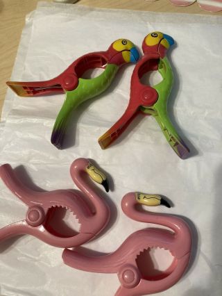 Set Of 4 Pool,  Beach Or Cruise Chair Towel Boca Clips Pink Flamingos And Parrots