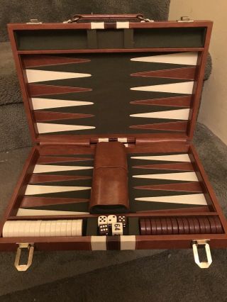 Skor - Mor Backgammon Set Brown Tan Faux Leather Travel Case 15”x10” - Vtg 1970 