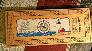 Unique Wooden Cribbage Board Ship With Lighthouse 6 Metal Pegs Very Good Conditi