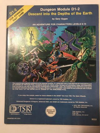 Advanced D&d Dungeon Module D1 - 2: Descent Into The Depths Of The Earth Tsr 9059