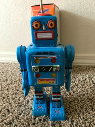 Blue Tin Toy Wind Up Mighty Robot W/ Box
