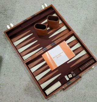 Complete Backgammon Set W/ Brown “leather” Case,  Checkers,  Dice,  Rules & Shakers