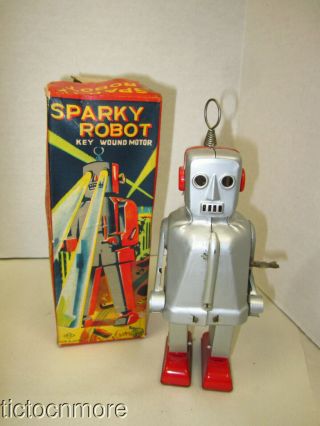 Vintage Japan Yoshiya Ko Sparky Robot Key Wind Motor Space Toy / Box Walks