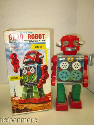 Vintage Japan Horikawa Gear Robot Wind Up Tin Space Toy Black W/ Box