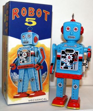 Windup Robot Blue Tin Toy " Robot 5 " Limited Edition