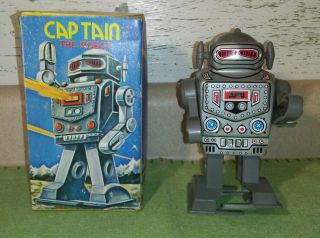Vintage " Captain The Robot " Tin Wind Up Toy By Mtu W/ Box