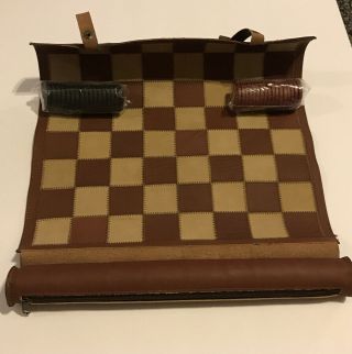 Top Grain Leather Game Board Travel Chess And Checkers Set Roll Up Case.