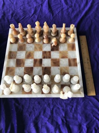 Vintage Chess Set Brown White Soapstone And Marble Board - Made In Italy Read